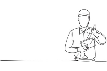 Single one line drawing of postman wearing a hat and uniform with a thumbs-up gesture holds the envelope to work for delivery to homes. Modern continuous line draw design graphic vector illustration.