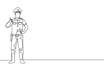 Continuous one line drawing policeman standing with a thumbs-up gesture and in full uniform works to control vehicle traffic on the highway. Single line draw design vector graphic illustration.