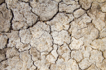 Dried gray brown clay surface covered with cracks. A bright, sunny day. Harsh shadows. Top view, textured, background.