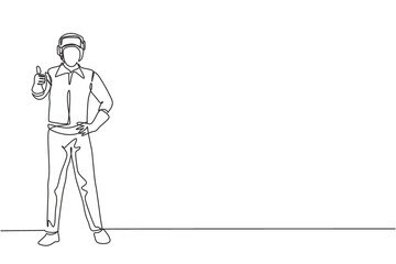 Single continuous line drawing the welder stands with a thumbs-up gesture and the face shield is removed ready to work in his iron workshop. Dynamic one line draw graphic design vector illustration.