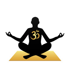 Black yoga silhouette, ancient Hindu mantra OM (AUM), mat. Gold elements. Vector illustration.