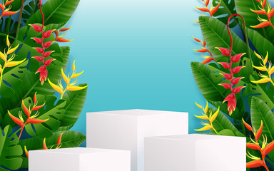 Summer time holiday vector design 3d products podium with colorful tropical flowers heliconia rostrata, leaves, nature, flamingo, sun elements paper cut with craft style on background color .
