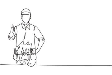 Single one line drawing of the handyman with the thumbs-up gesture is ready to work on repairing the damaged part of the house. Modern continuous line draw design graphic vector illustration.