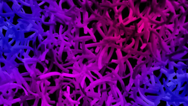 3d abstract looped background with neon light, multicolored flashes of light bulbs of unusual shapes. Curved lines flash bright. VJ loop motion design bg. blue red gradient