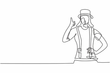 Single one line drawing of female mime artist with thumbs-up gesture and white face make-up puts on a silent motion comedy show at circus arena. Continuous line draw design graphic vector illustration