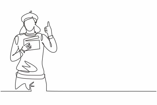 Continuous One Line Drawing Female Film Director With A Thumbs-up Gesture While Holding The Clapperboard Set The Crew For Studio Shooting. Single Line Draw Design Vector Graphic Illustration