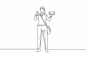 Single one line drawing of postwoman standing in a hat, bag, uniform, holding an envelope, and with a thumbs-up gesture delivering mail. Modern continuous line draw design graphic vector illustration