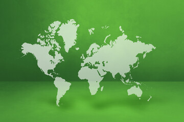 World map on green wall background. 3D illustration