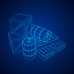 Supplies cargo concept. Pile boxes and barrels. Wireframe low poly mesh vector illustration.