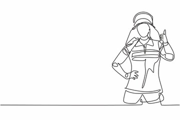 Single continuous line drawing female firefighters in uniform complete with a thumbs-up gesture prepare to put out the fire that burned the building. One line draw graphic design vector illustration