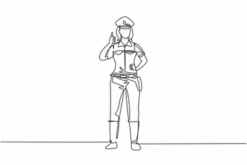Continuous one line drawing the policewoman standing with a thumbs-up gesture and in full uniform works to control vehicle traffic on the highway. Single line draw design vector graphic illustration
