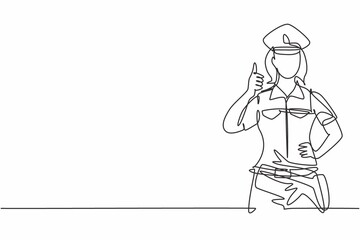 Single continuous line drawing the policewoman with a thumbs-up gesture and in full uniform is ready to enforce traffic discipline on the highway. One line draw graphic design vector illustration