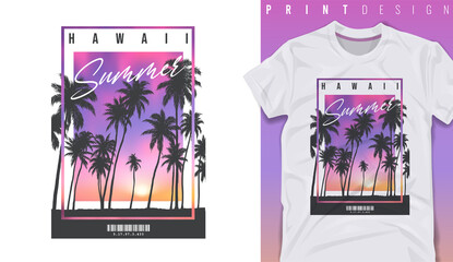 Graphic t-shirt design, Hawaii typography slogan on palm beach sunset,vector illustration for t-shirt. - obrazy, fototapety, plakaty