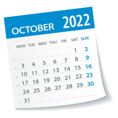 October 2022 Calendar Leaf. Week Starts on Monday. Vector Illustration