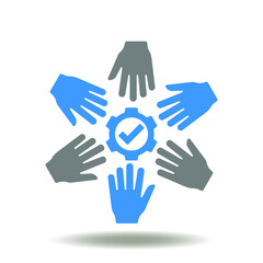 Obraz premium Hands round with gear and check mark vector illustration. Multi culture of belonging symbol.