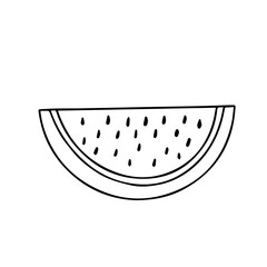 Doodle vector hand drawn slice of watermelon. Summer items, healthy nutrition, organic and vegan yummy food, transparent eps 10 icon clip art.