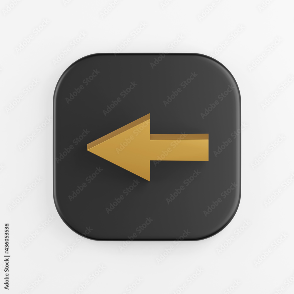 Poster left arrow gold icon. 3d rendering of black square key button, interface ui ux element.