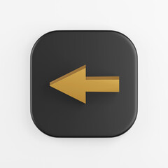 Left arrow gold icon. 3D rendering of black square key button, interface ui ux element.