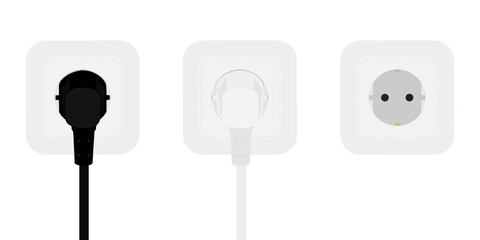 White and black power cords cable plugged into european wall outlet on white wall.