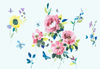 Flowers watercolor illustration.Manual composition.Big Set watercolor elements，Design for textile, wallpapers，Element for design,Greeting card