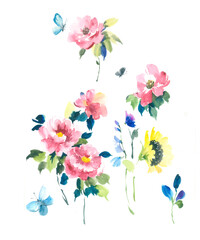 Obraz na płótnie Canvas Flowers watercolor illustration.Manual composition.Big Set watercolor elements，Design for textile, wallpapers，Element for design,Greeting card