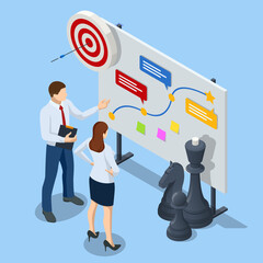 Isometric Concept business strategy, plan strategy for success. Achieving goals business strategy for win, management or leadership. - obrazy, fototapety, plakaty
