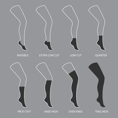 Types of socks collection. Invisible, extra low cut, low cut, quarter, mild calf, knee high, over knee and thig high socks.