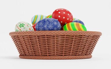 Realistic 3D Render of Easter Eggs in Basket
