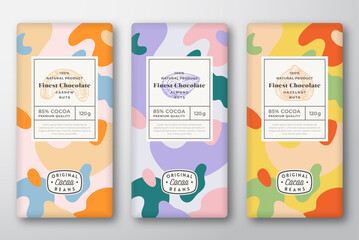 Chocolate Labels Set. Abstract Vector Packaging Design Layouts Collection. Modern Typography, Hand Drawn Almond, Hazelnut and Cashew Nuts Sketches and Colorful Camouflage Pattern Background. Isolated