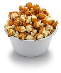 homemade caramel popcorn in bowl isolated on white background
