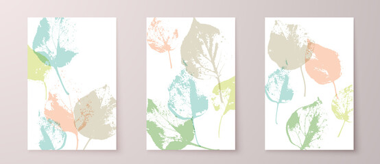 Grunge leaves postcard set. Abstract foliage for cards, covers, wall art or posters. Pastel colors backgrounds. Apricot tree leaf. Apricot foliage.