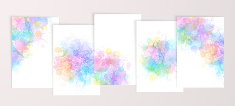 Watercolor effect vector stains. Grunge splatter backgrounds set. Paint stains. Watercolor splatter posters, wall art or greeting cards. Grunge colorful paint drops overlay.