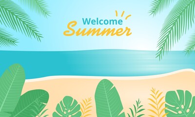 Fototapeta na wymiar Welcome summer tropical beach vector illustration background.