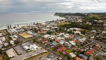 Aerial panoramic view of the southern half of Lennox Head, New South Wales, Australia