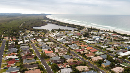 Aerial panoramic view of the northern half of Lennox Head, New South Wales, Australia