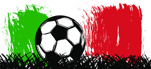 Flat vector black grunge soccer ball with the flag of Italy. Grungy football. 2020, 2021 Cartoon sport EK, WK pictogram. Euro sports game cup. 