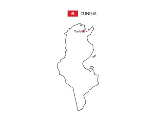 Hand draw thin black line vector of Tunisia Map with capital city Tunis on white background.