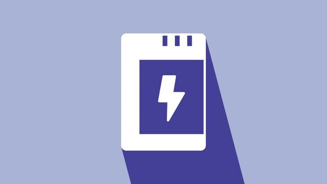 White Battery for camera icon isolated on purple background. Lightning bolt symbol. 4K Video motion graphic animation