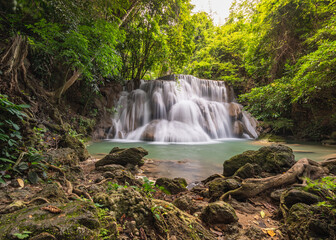 Fototapeta premium Huay Mae Khamin Waterfall Waterfall paradise Travel all year at Kanchanaburi, a 7-tiered waterfall in a national park with hiking trails, famous waterfalls in Thailand.