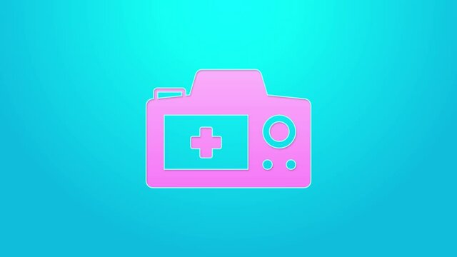 Pink line Photo camera icon isolated on blue background. Foto camera. Digital photography. 4K Video motion graphic animation