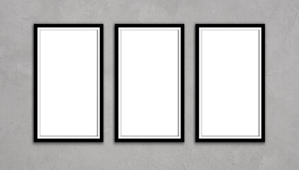 Three vertical foto frames Collection with black borders hanging in grey textured wall. Three Fluffy White Blank in gray wall.  Thin frame. front View,  3D illustration 
