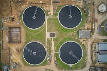 Aerial overhead view of sewage treatment plant. High angle view of the wastewater treatment plant