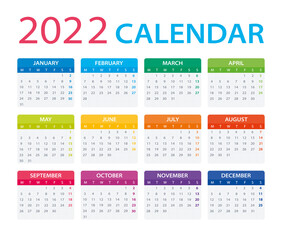 2022 Calendar - vector illustration,Monday to Sunday