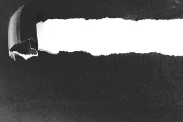 Torn paper roll with opening showing white background, Ripped black cardboard with space for text