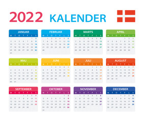 2022 Calendar Danish - vector illustration, Danish version.Translation: Calendar. Names of Months. Names of Days. 