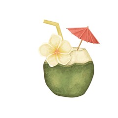 illustration of a cocktail in a coconut with a straw with a tropical flower. isolated on white background. 