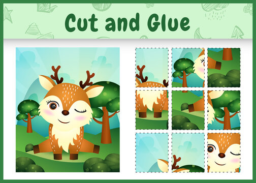 Children board game cut and glue with a cute deer