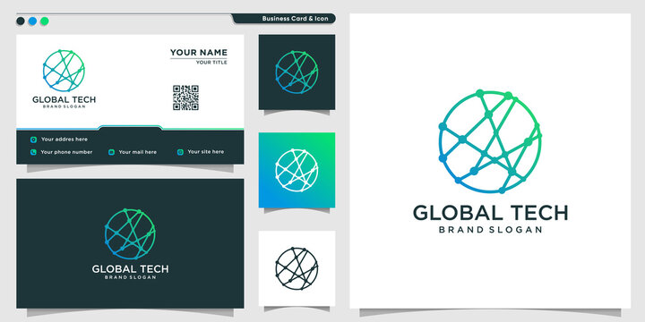 Global tech logo template with line art concept Premium Vector