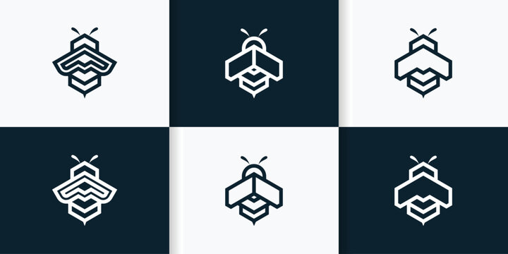 Set of bee logo template with geometric shapes line art concept Premium Vector