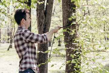 a man ties a knot from a tourniquet on a tree